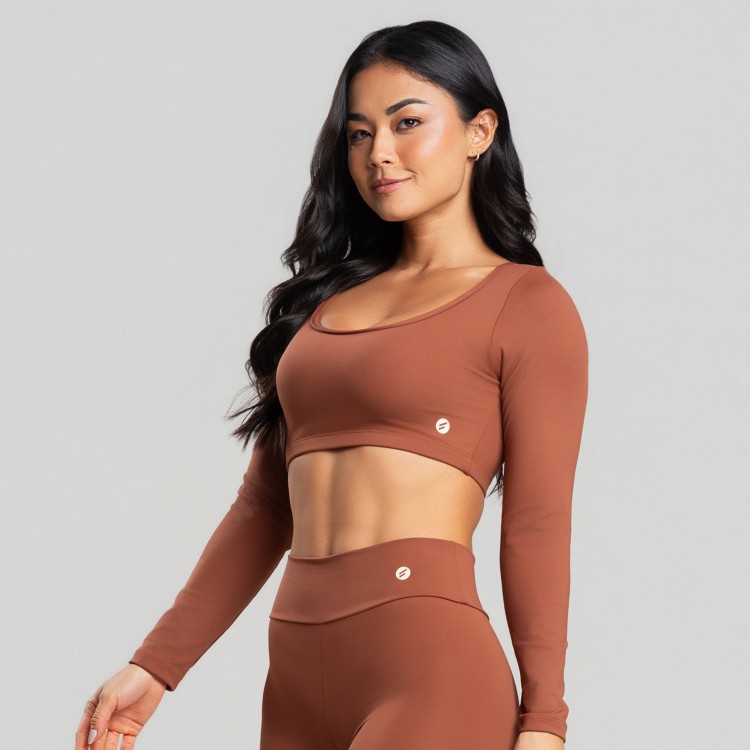Top Cropped Manga Longa Marrom