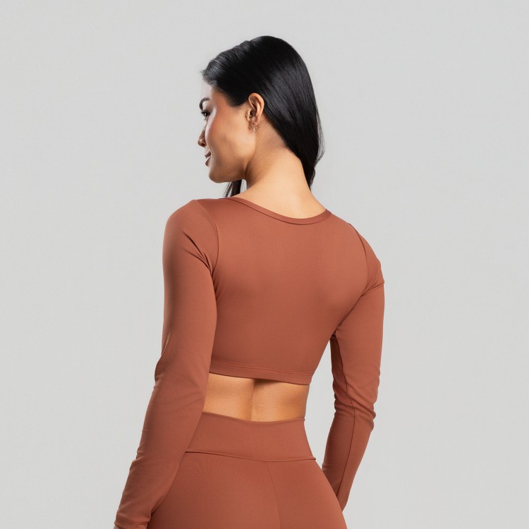 Top Cropped Manga Longa Marrom