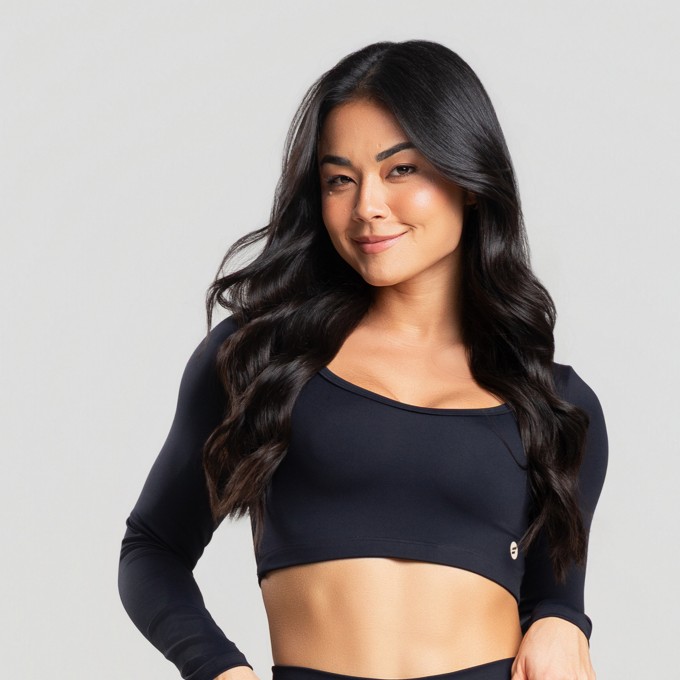 Top Cropped Manga Longa  Preto