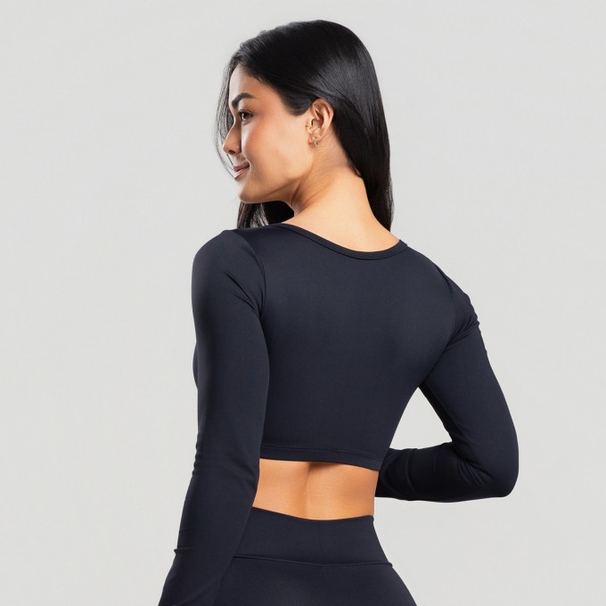 Top Cropped Manga Longa  Preto
